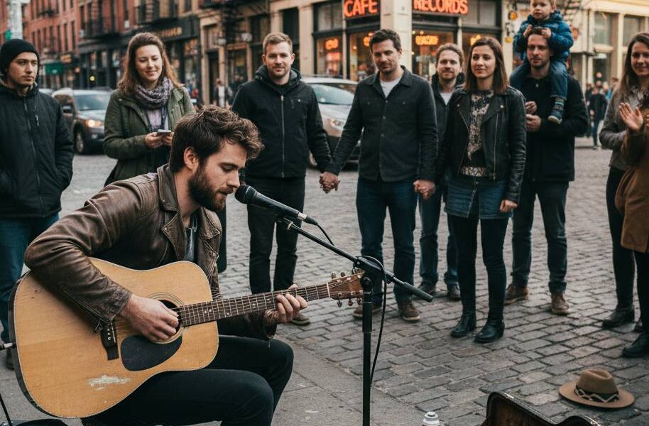 Musician playing guitar on a street corner in front of a crowd