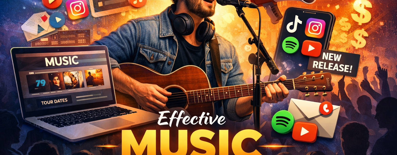 Independent musician performing on stage with a guitar, surrounded by digital icons representing music streaming, social media promotion, playlists, and online marketing tools.