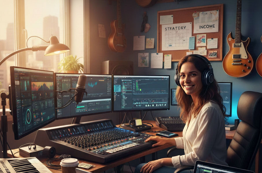 A professional female musician managing her music business and digital distribution from a well-equipped home office.