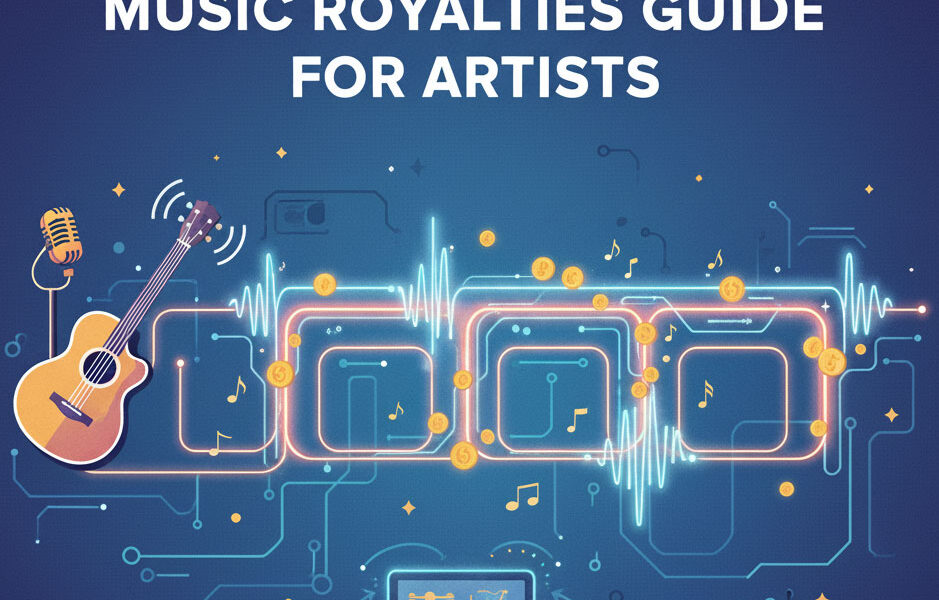 An infographic illustrating music royalties with an acoustic guitar, microphone, musical notes, and sound waves forming a financial graph, with "YOUR ESSENTIAL MUSIC ROYALTIES GUIDE FOR ARTISTS" text at the top and "ARTIST REVENUE" at the bottom.